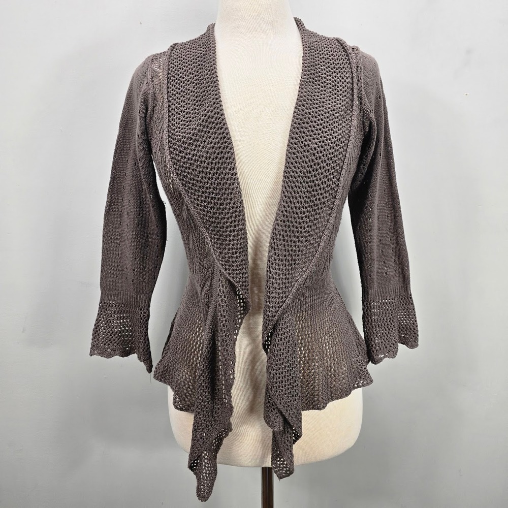 Womens Pointelle Knit Open Front Cardigan M Taupe Flare Sleeve Festival Y2K Boho